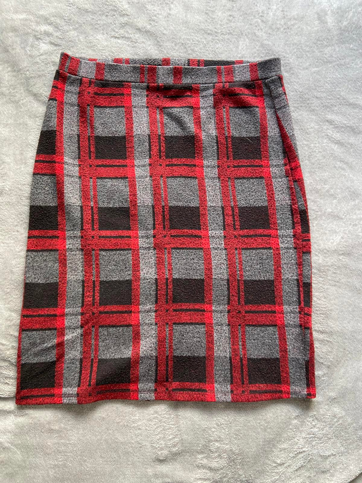 Tu Size 10 Red Grey Checked Pencil Skirt Elasticated Waist Viscose Blend
