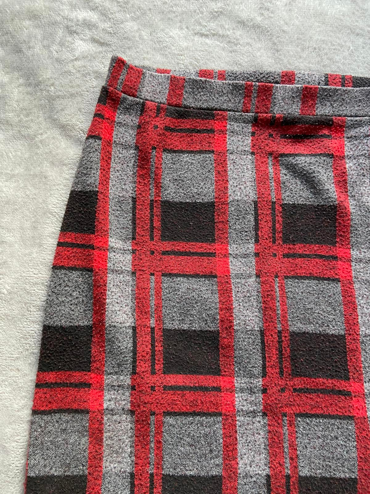 Tu Size 10 Red Grey Checked Pencil Skirt Elasticated Waist Viscose Blend