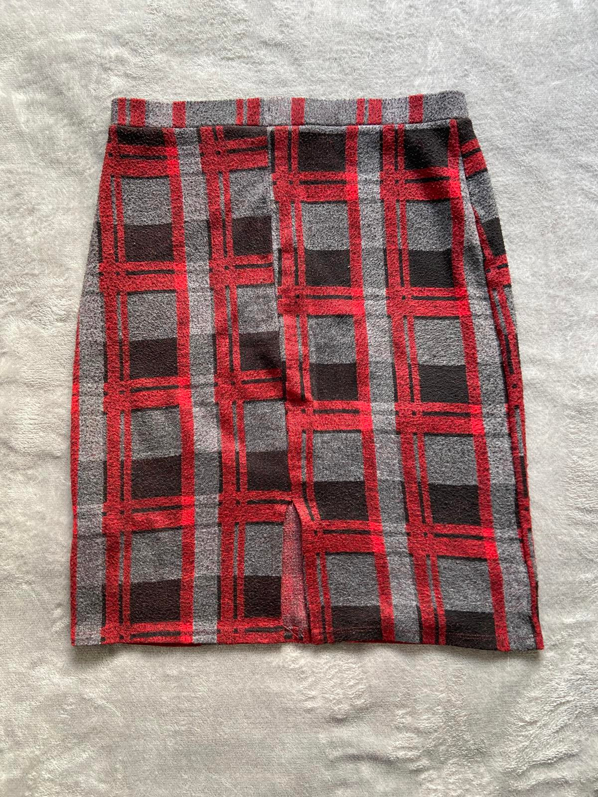 Tu Size 10 Red Grey Checked Pencil Skirt Elasticated Waist Viscose Blend