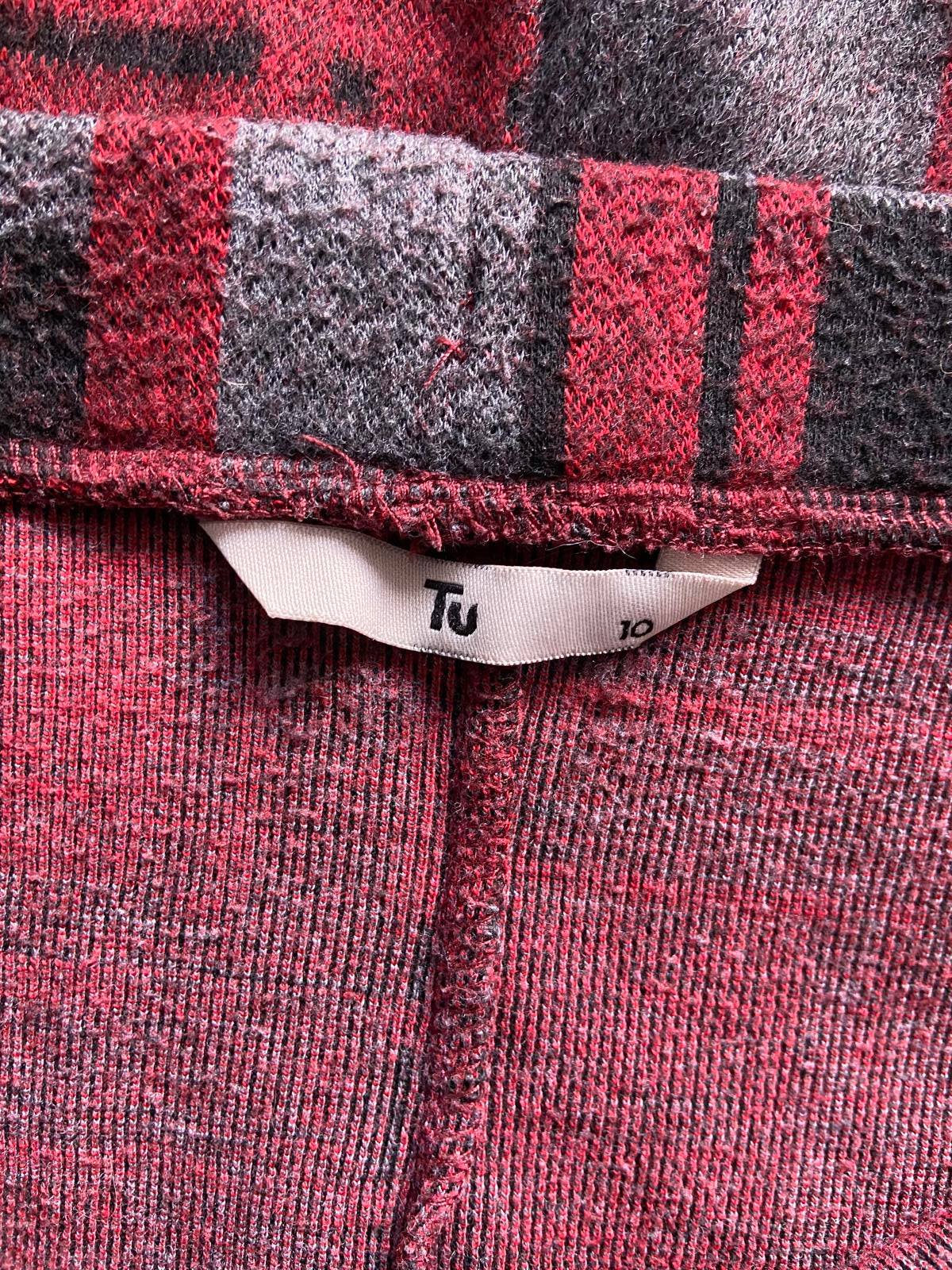 Tu Size 10 Red Grey Checked Pencil Skirt Elasticated Waist Viscose Blend
