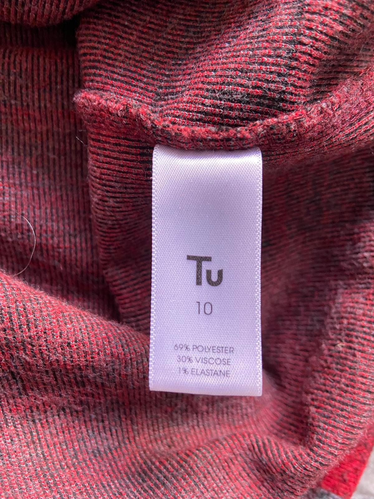 Tu Size 10 Red Grey Checked Pencil Skirt Elasticated Waist Viscose Blend