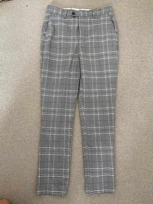 Boohoo Man UK 28 Regular Grey Tartan Trousers with Pockets