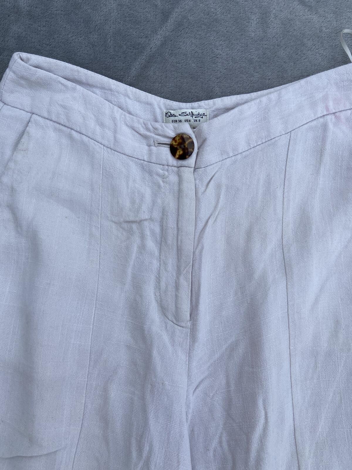 Miss Selfridge Cream Linen Blend Wide Leg Cropped Culotte Trousers Size 8