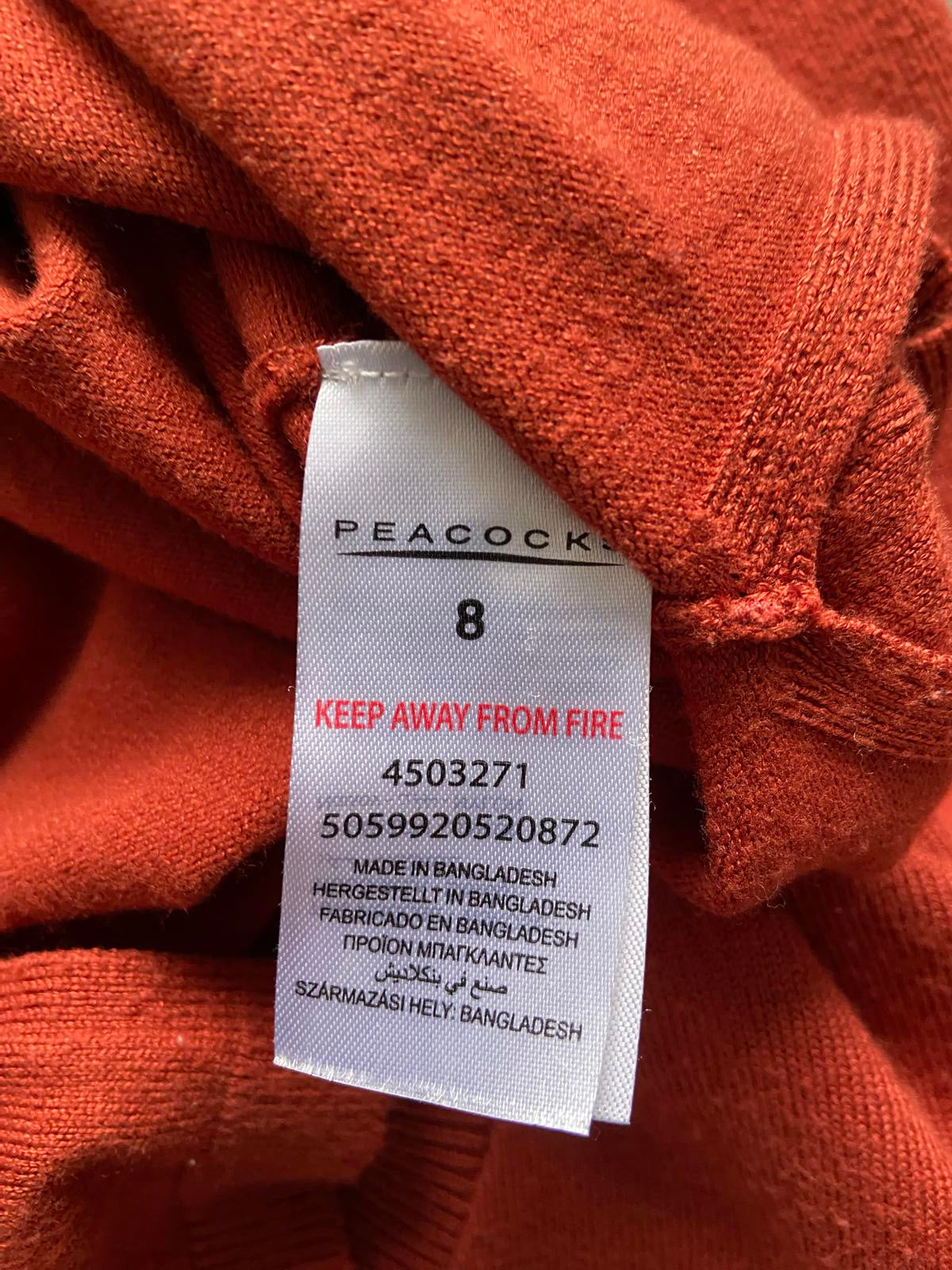 Peacocks Size 8 Burnt Orange V-Neck Jumper Soft Knit Lightweight Pullover