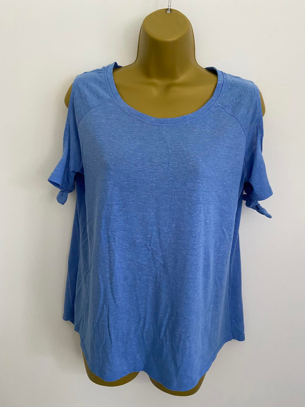 F&F Size 14 Blue Cold Shoulder T-Shirt Tie Sleeve Detail Marl Top