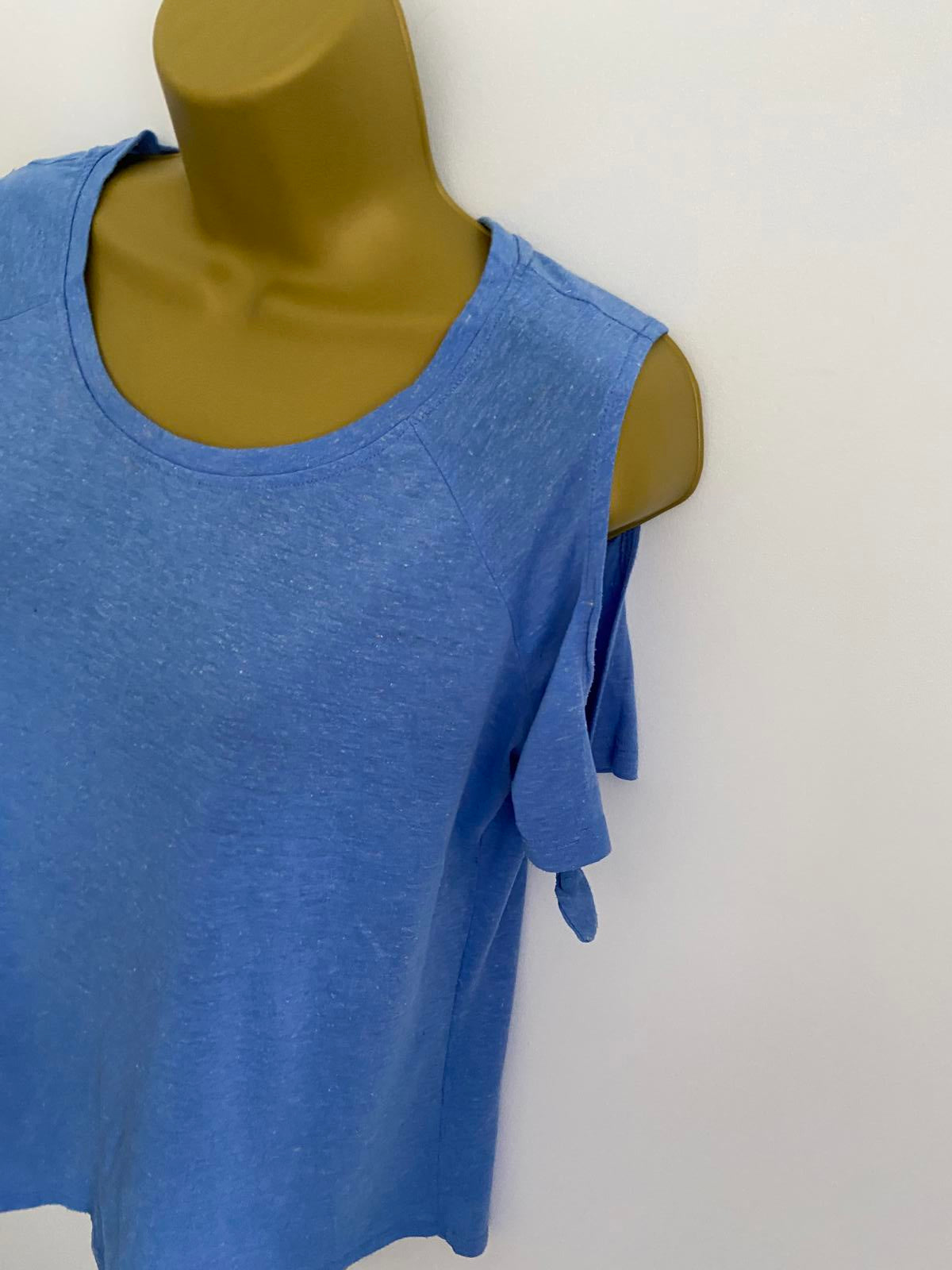 F&F Size 14 Blue Cold Shoulder T-Shirt Tie Sleeve Detail Marl Top