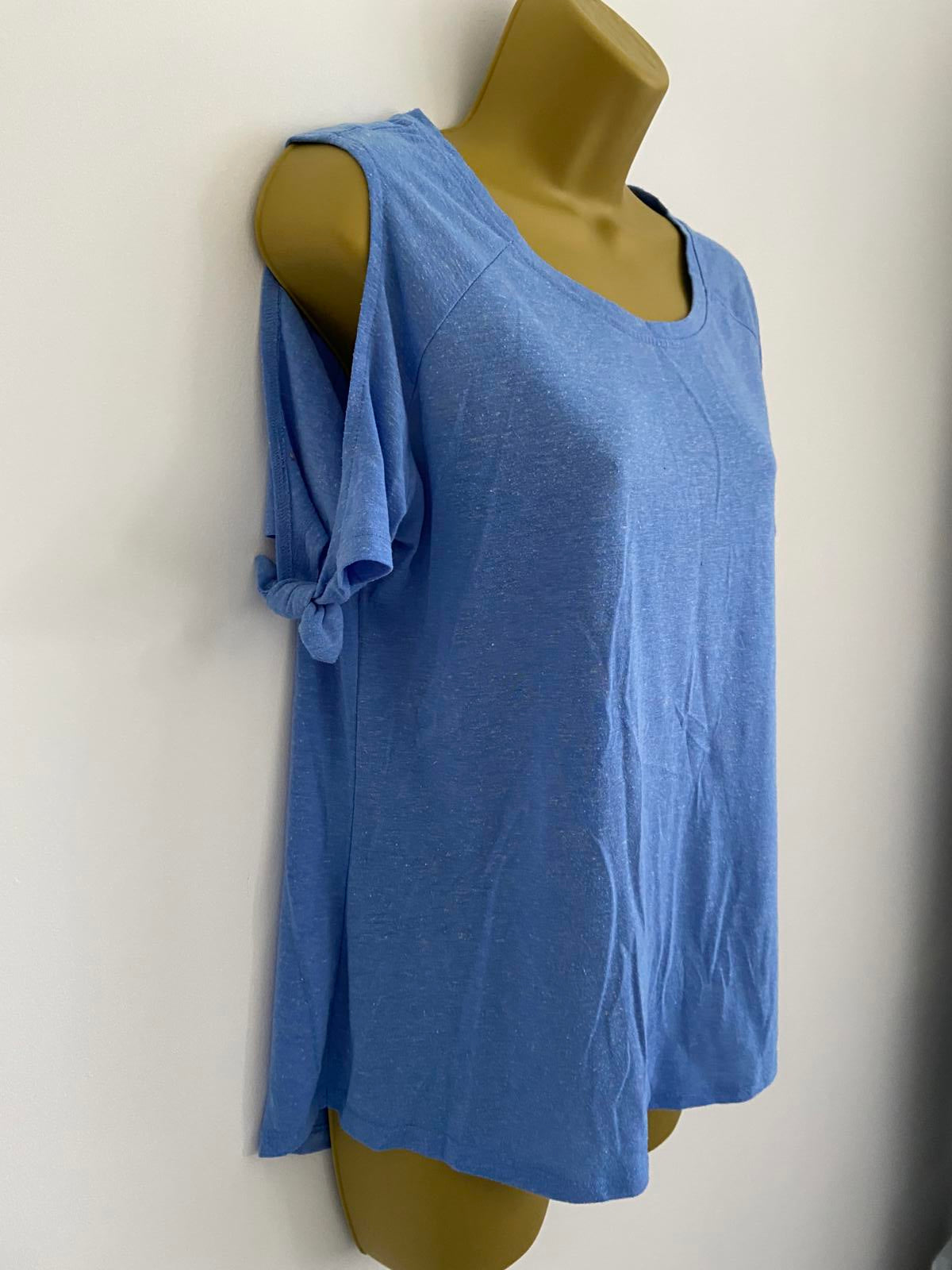 F&F Size 14 Blue Cold Shoulder T-Shirt Tie Sleeve Detail Marl Top