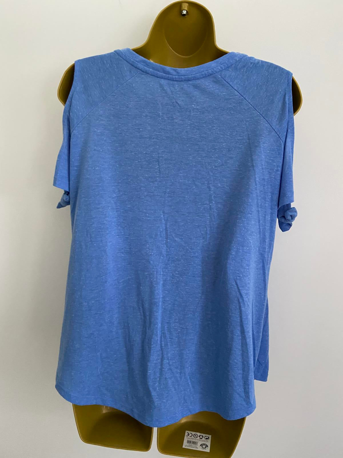 F&F Size 14 Blue Cold Shoulder T-Shirt Tie Sleeve Detail Marl Top