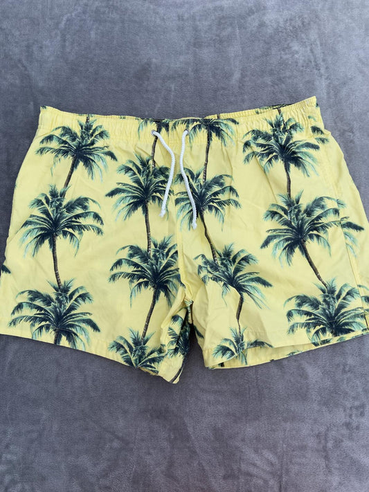 D&H Men's Yellow Palm Tree Print Swim Shorts Trunks Size XL