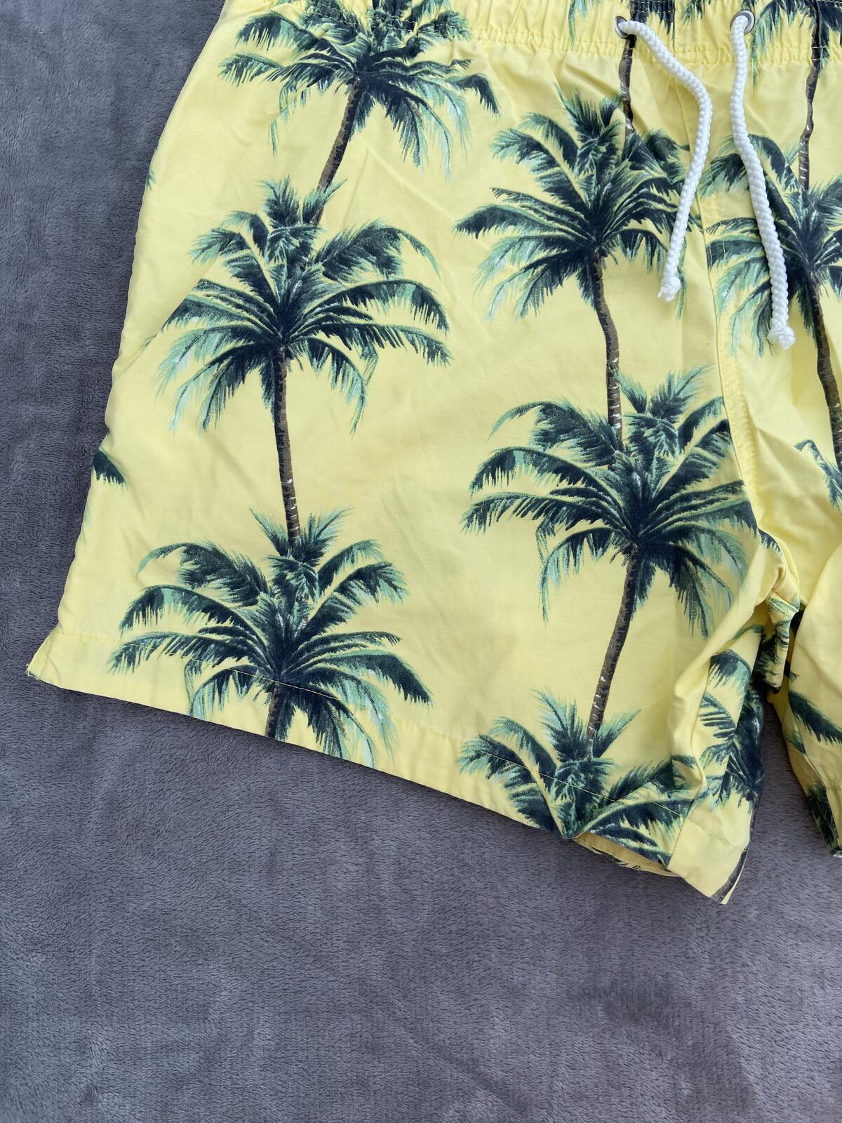 D&H Men's Yellow Palm Tree Print Swim Shorts Trunks Size XL