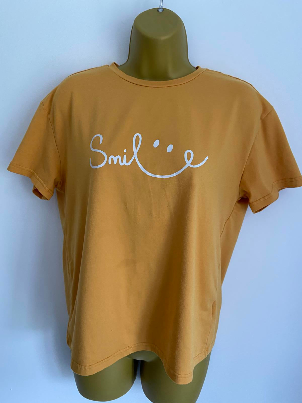 Age 13-14 Years Mustard Yellow Smile Graphic T-Shirt Short Sleeve Casual Top