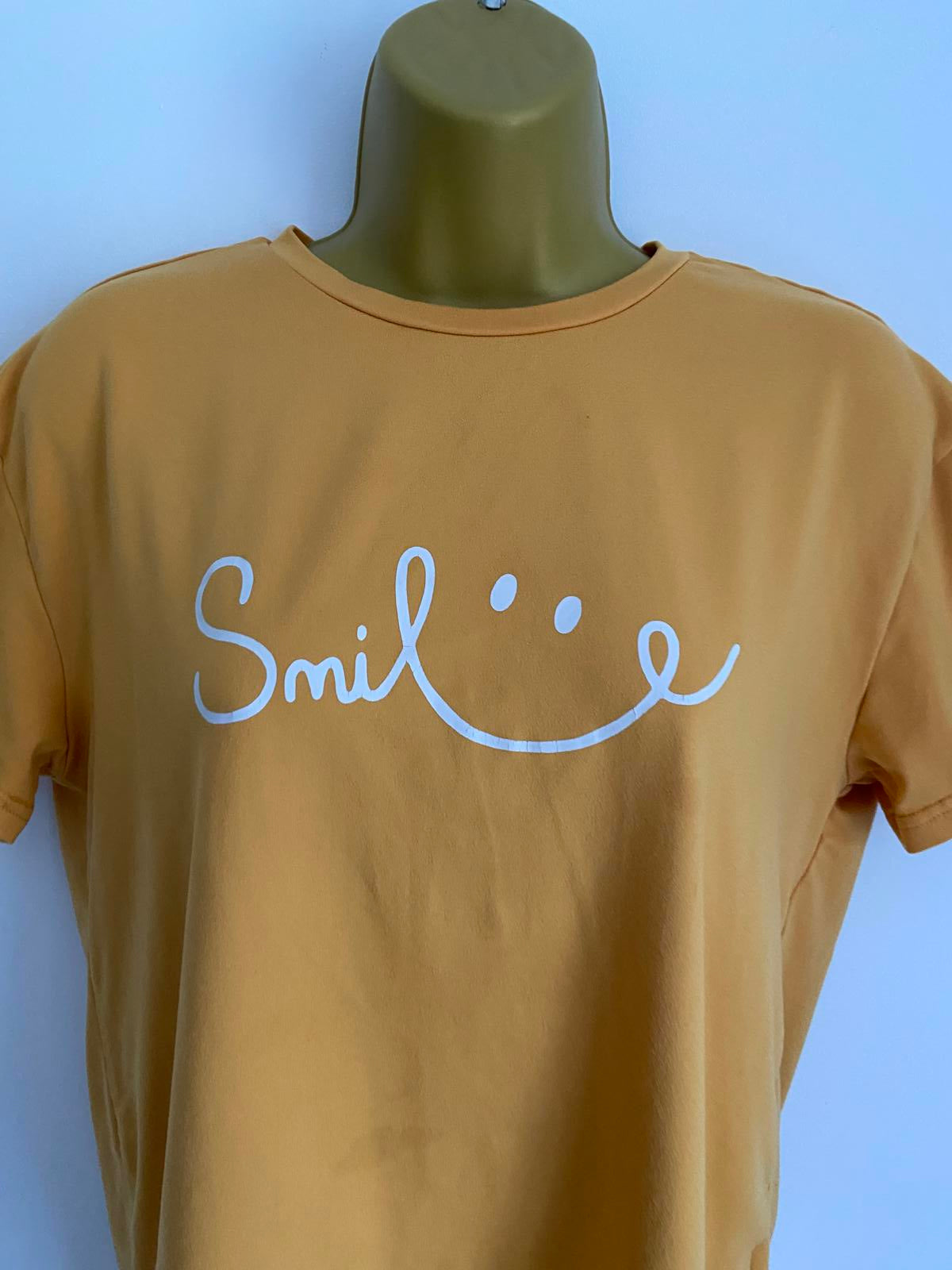 Age 13-14 Years Mustard Yellow Smile Graphic T-Shirt Short Sleeve Casual Top