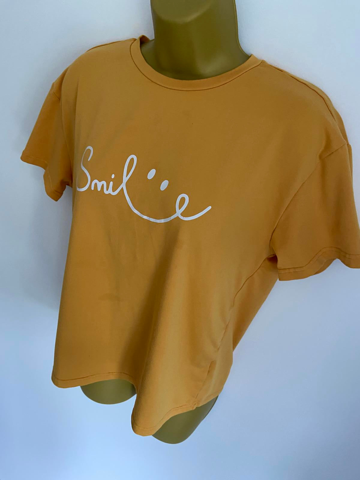 Age 13-14 Years Mustard Yellow Smile Graphic T-Shirt Short Sleeve Casual Top