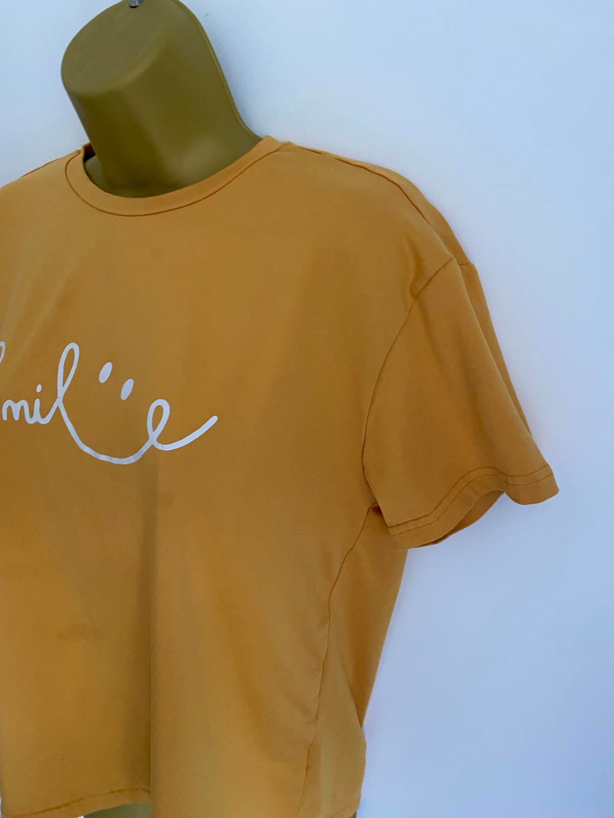 Age 13-14 Years Mustard Yellow Smile Graphic T-Shirt Short Sleeve Casual Top