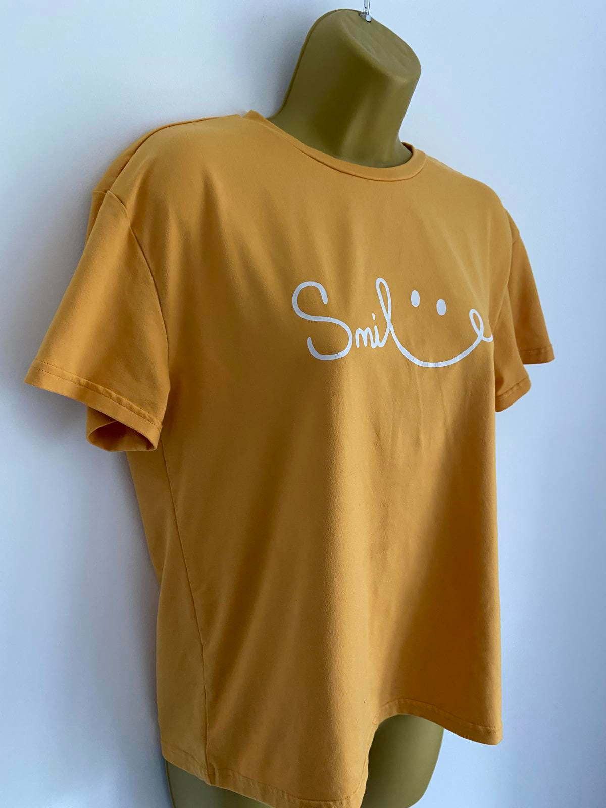 Age 13-14 Years Mustard Yellow Smile Graphic T-Shirt Short Sleeve Casual Top