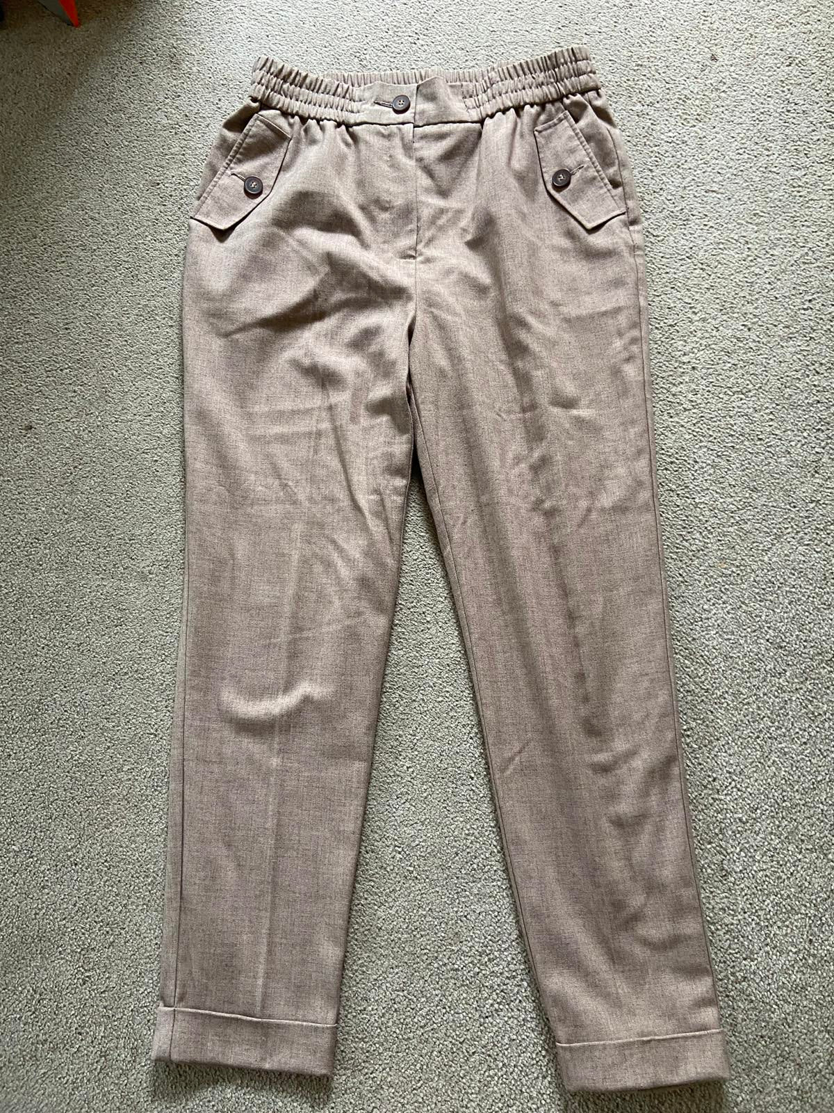 F&F Size 12 Light Brown Linen-Style Trousers with Button Pockets