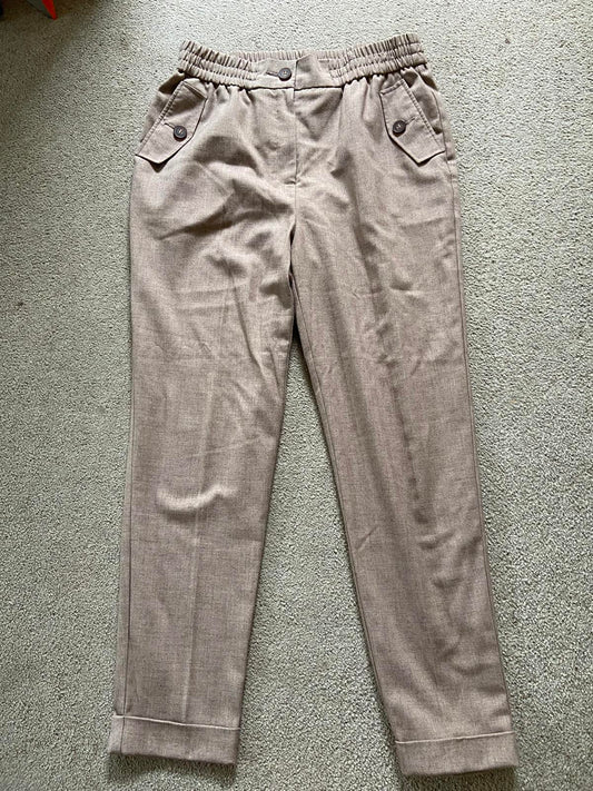 F&F Size 12 Light Brown Linen-Style Trousers with Button Pockets