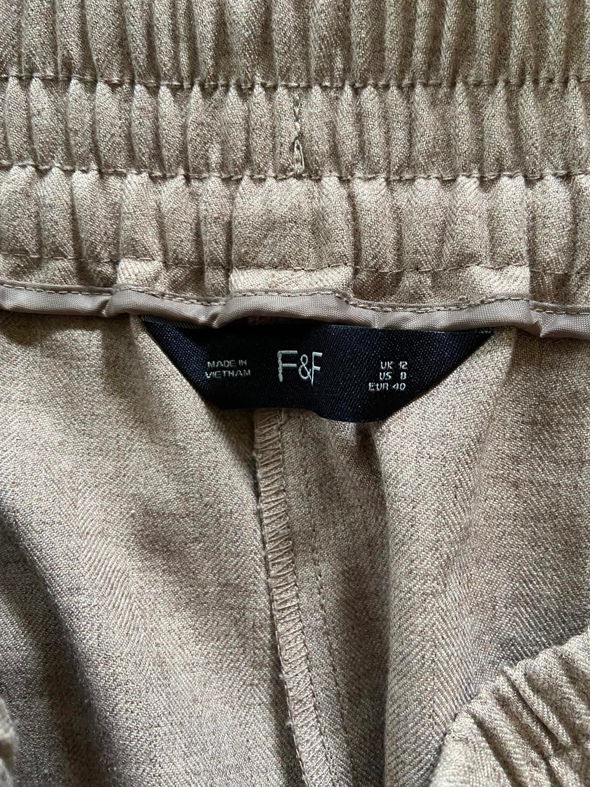 F&F Size 12 Light Brown Linen-Style Trousers with Button Pockets