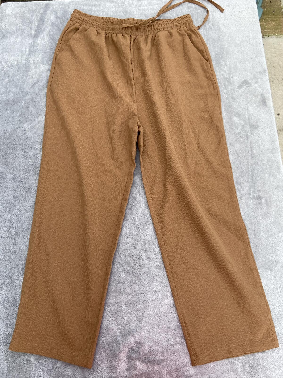 Brown Textured Lightweight Wide Leg Drawstring Trousers - Size Large