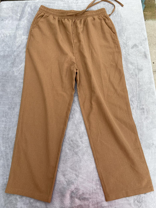 Brown Textured Lightweight Wide Leg Drawstring Trousers - Size Large