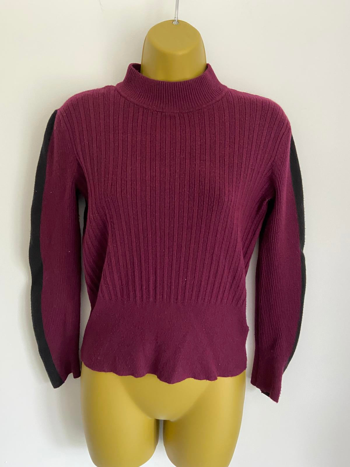 M&S Size 12 Burgundy Ribbed High Neck Jumper Black Stripe Detail Button Cuff