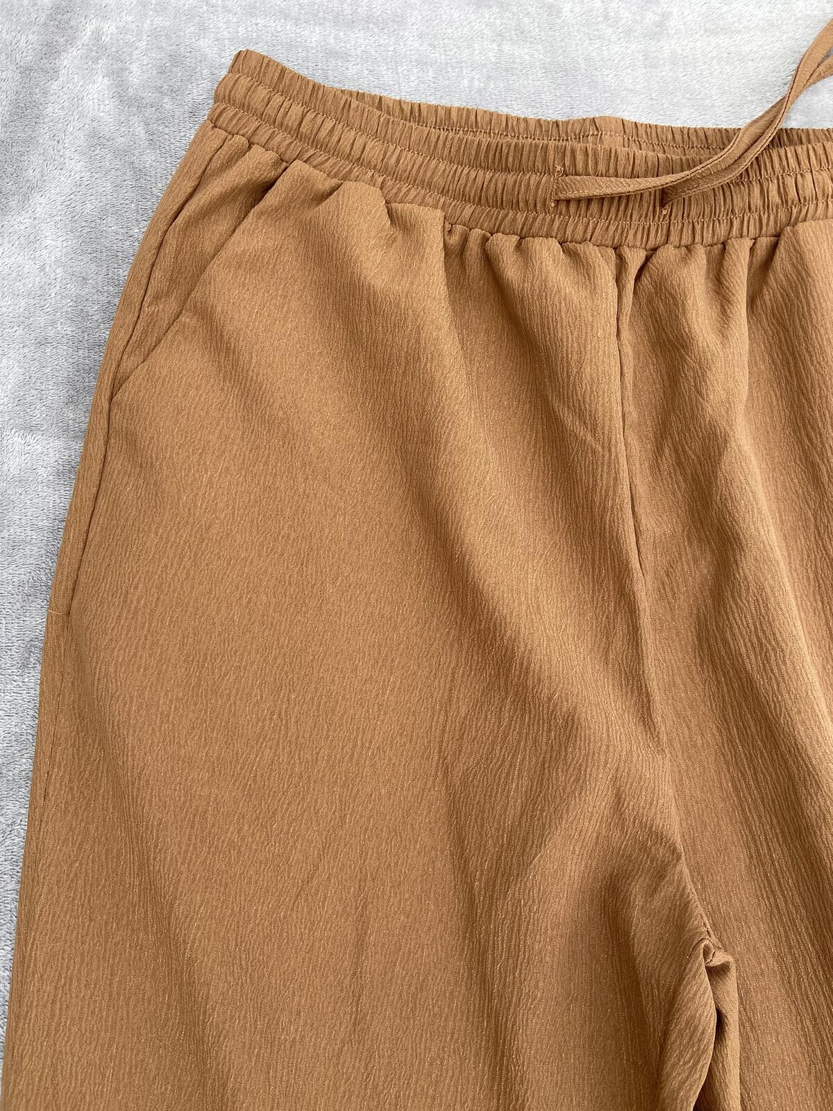 Brown Textured Lightweight Wide Leg Drawstring Trousers - Size Large
