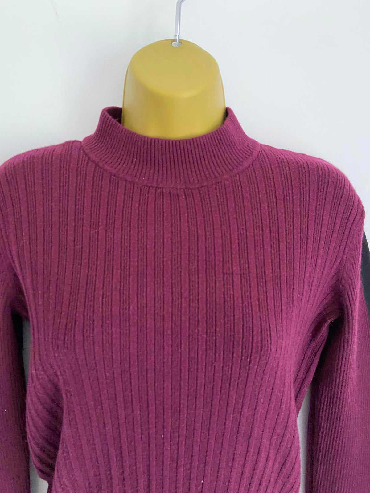 M&S Size 12 Burgundy Ribbed High Neck Jumper Black Stripe Detail Button Cuff