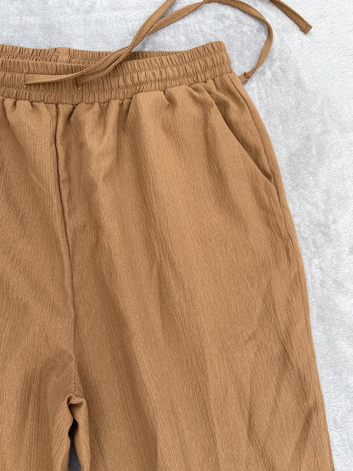 Brown Textured Lightweight Wide Leg Drawstring Trousers - Size Large