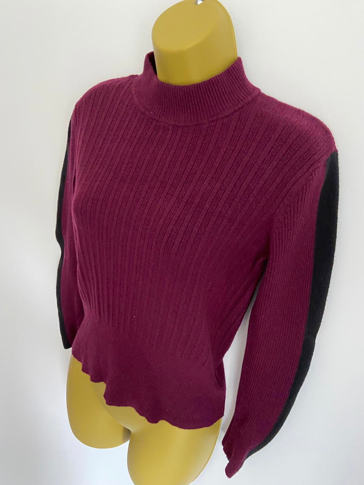 M&S Size 12 Burgundy Ribbed High Neck Jumper Black Stripe Detail Button Cuff