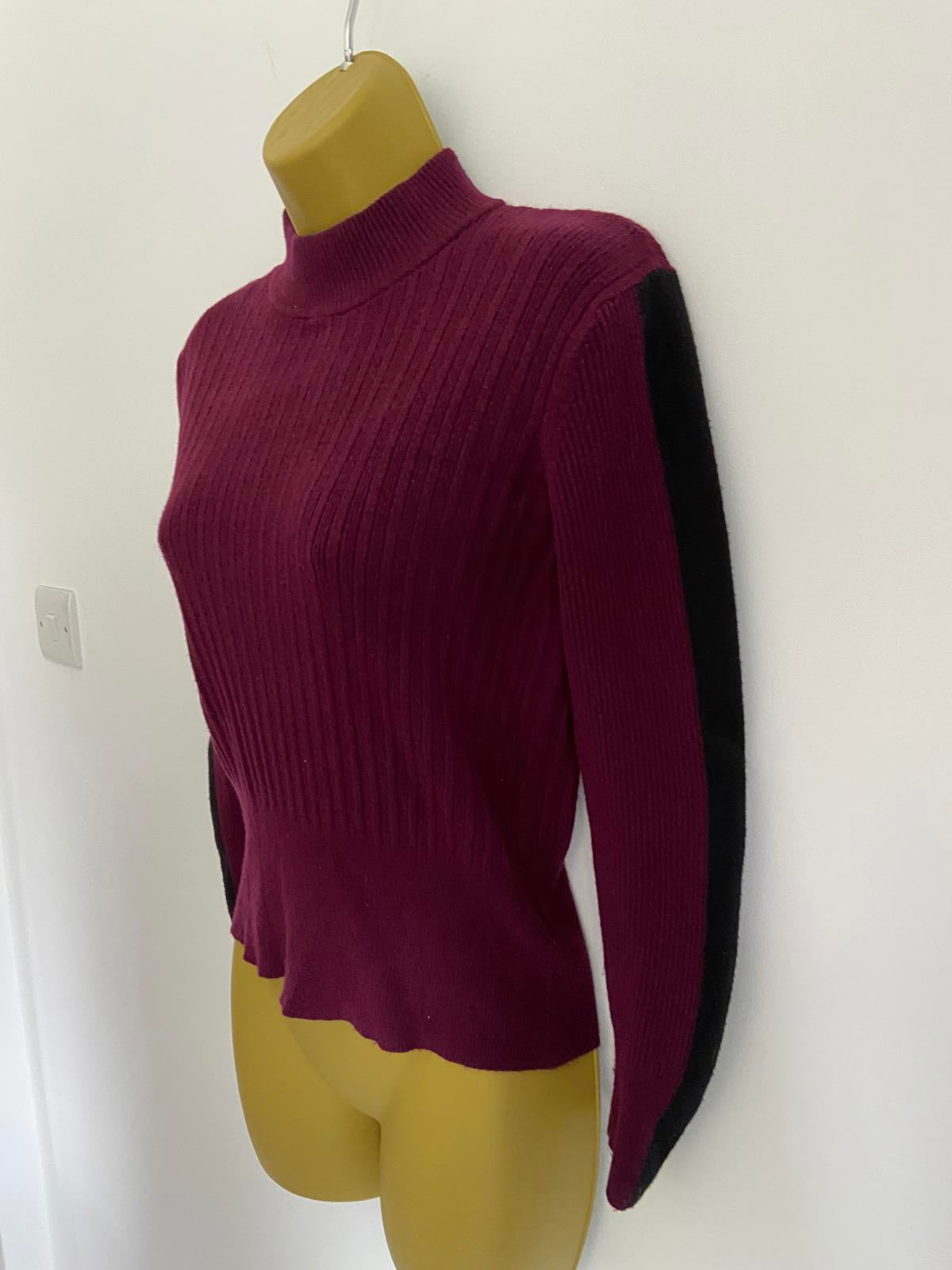 M&S Size 12 Burgundy Ribbed High Neck Jumper Black Stripe Detail Button Cuff