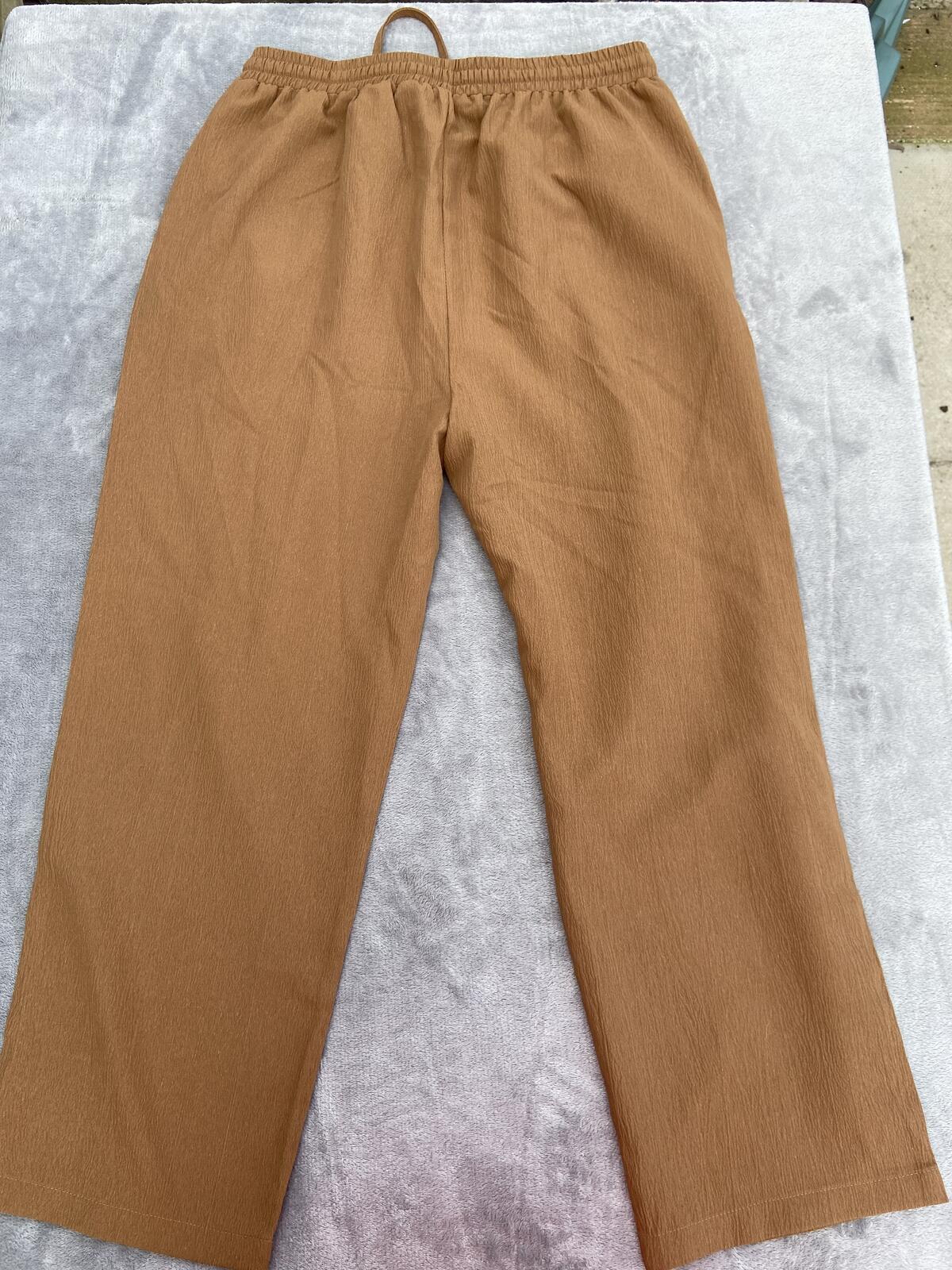 Brown Textured Lightweight Wide Leg Drawstring Trousers - Size Large