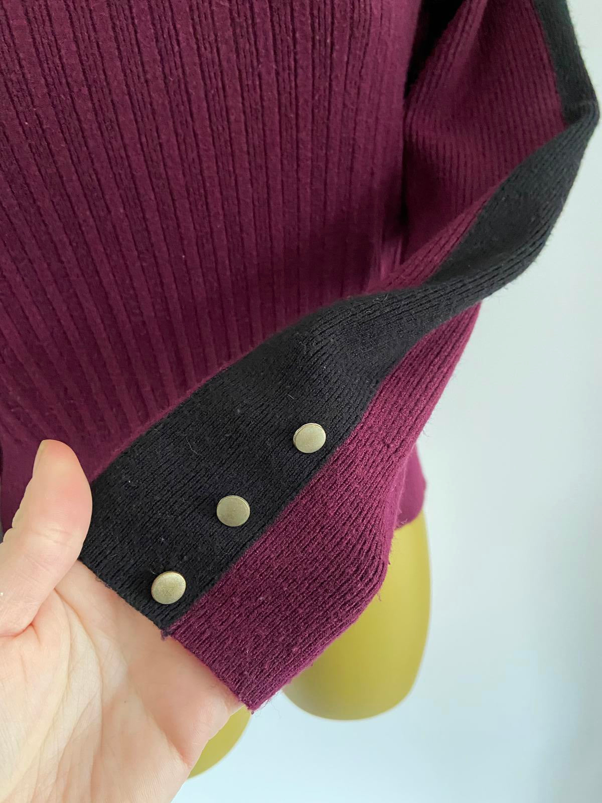 M&S Size 12 Burgundy Ribbed High Neck Jumper Black Stripe Detail Button Cuff