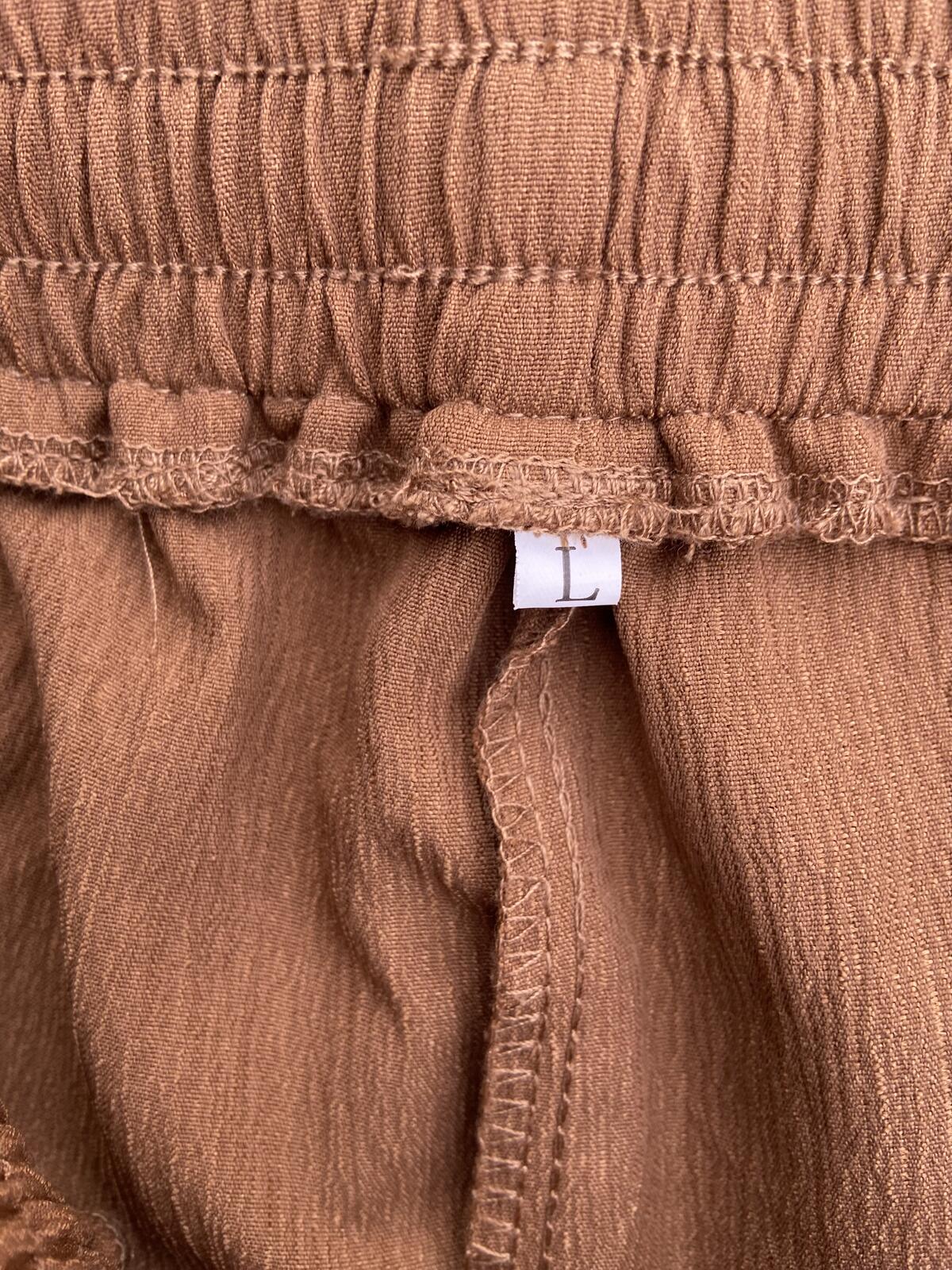 Brown Textured Lightweight Wide Leg Drawstring Trousers - Size Large