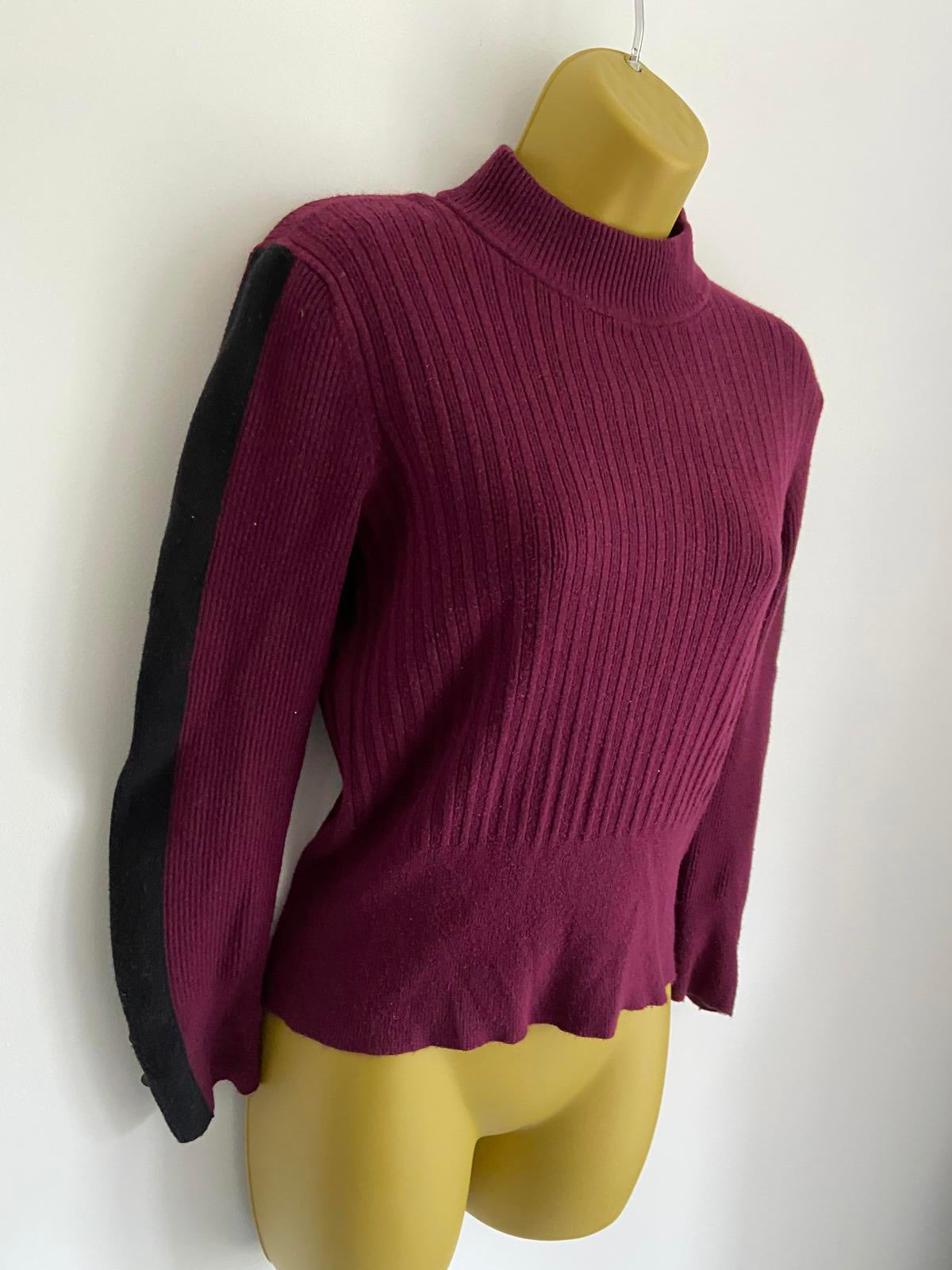 M&S Size 12 Burgundy Ribbed High Neck Jumper Black Stripe Detail Button Cuff