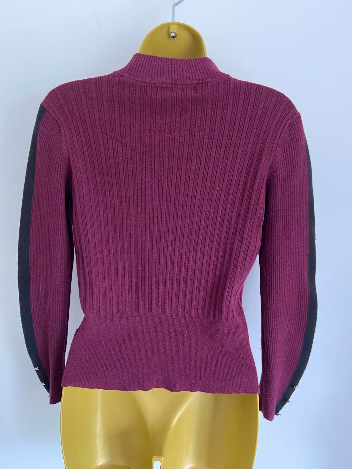 M&S Size 12 Burgundy Ribbed High Neck Jumper Black Stripe Detail Button Cuff