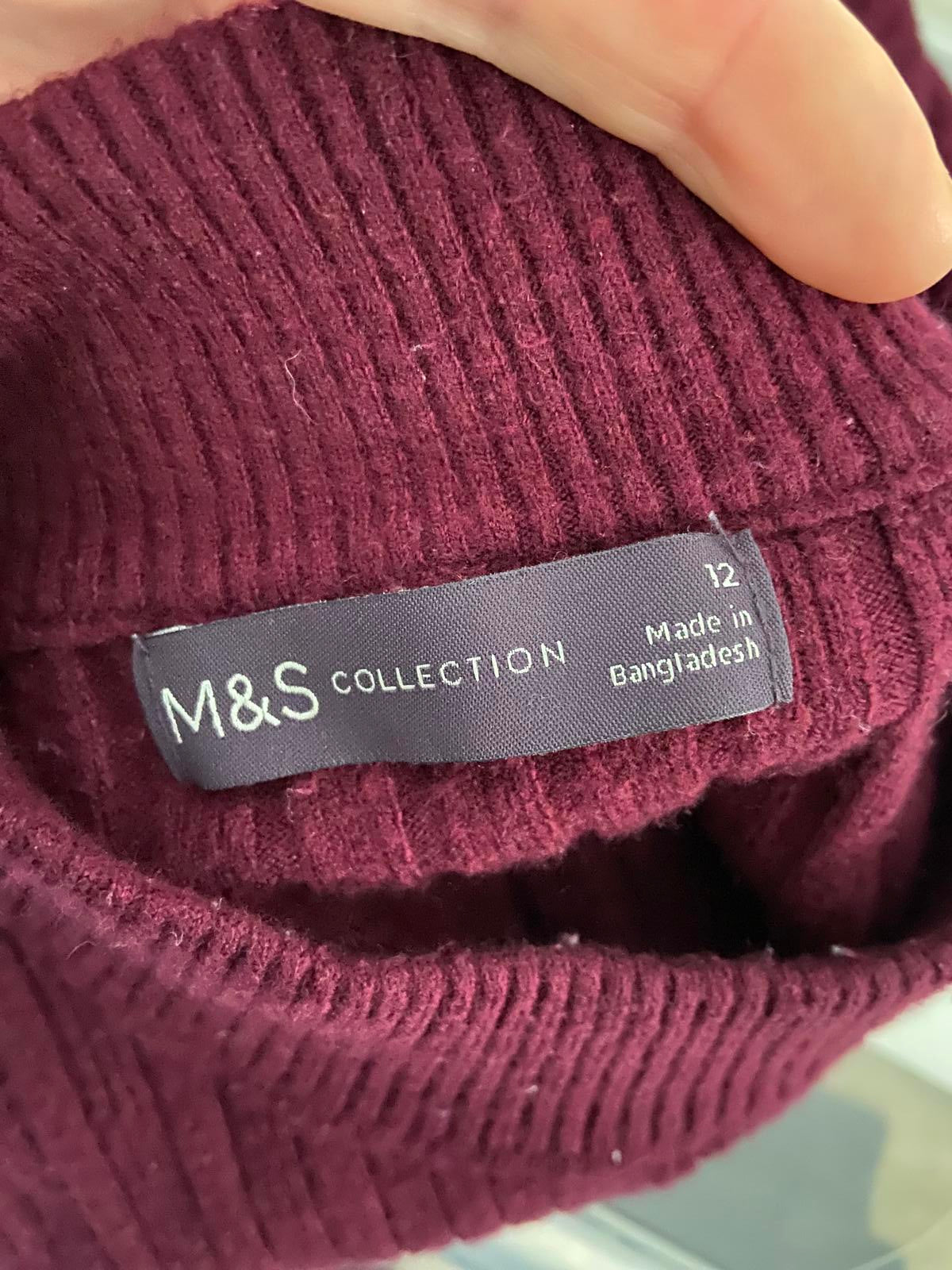 M&S Size 12 Burgundy Ribbed High Neck Jumper Black Stripe Detail Button Cuff