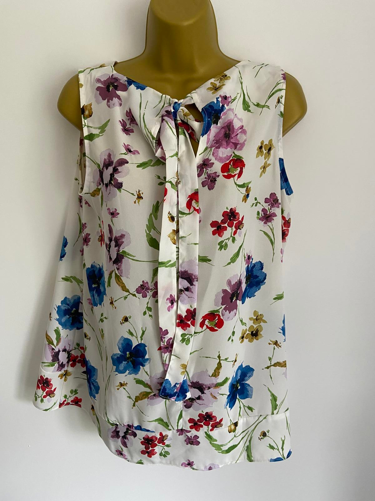 George Size 14 White Floral Sleeveless Blouse Bow Back Lightweight Spring Top