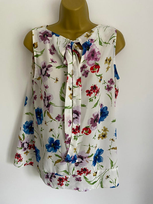 George Size 14 White Floral Sleeveless Blouse Bow Back Lightweight Spring Top