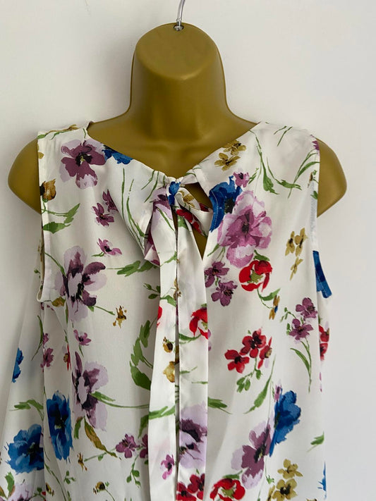 George Size 14 White Floral Sleeveless Blouse Bow Back Lightweight Spring Top