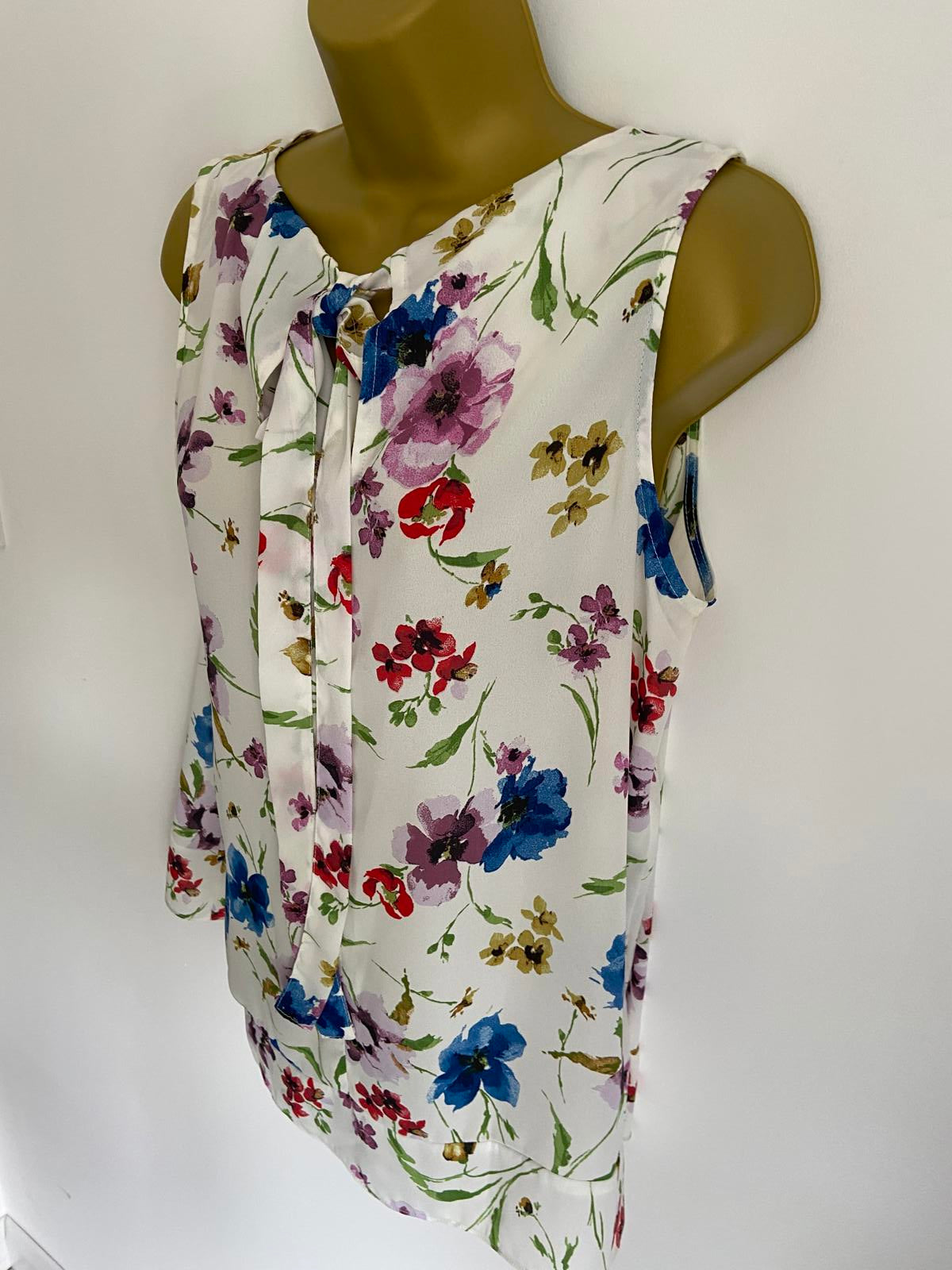 George Size 14 White Floral Sleeveless Blouse Bow Back Lightweight Spring Top