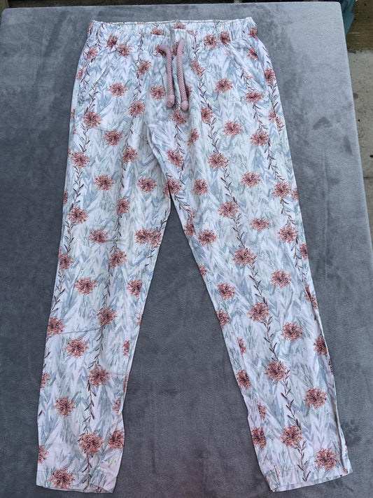 Esmara Cream & Pink Floral Linen Blend Drawstring Trousers - Size 12