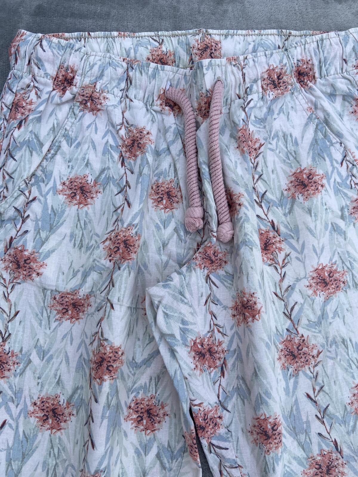 Esmara Cream & Pink Floral Linen Blend Drawstring Trousers - Size 12