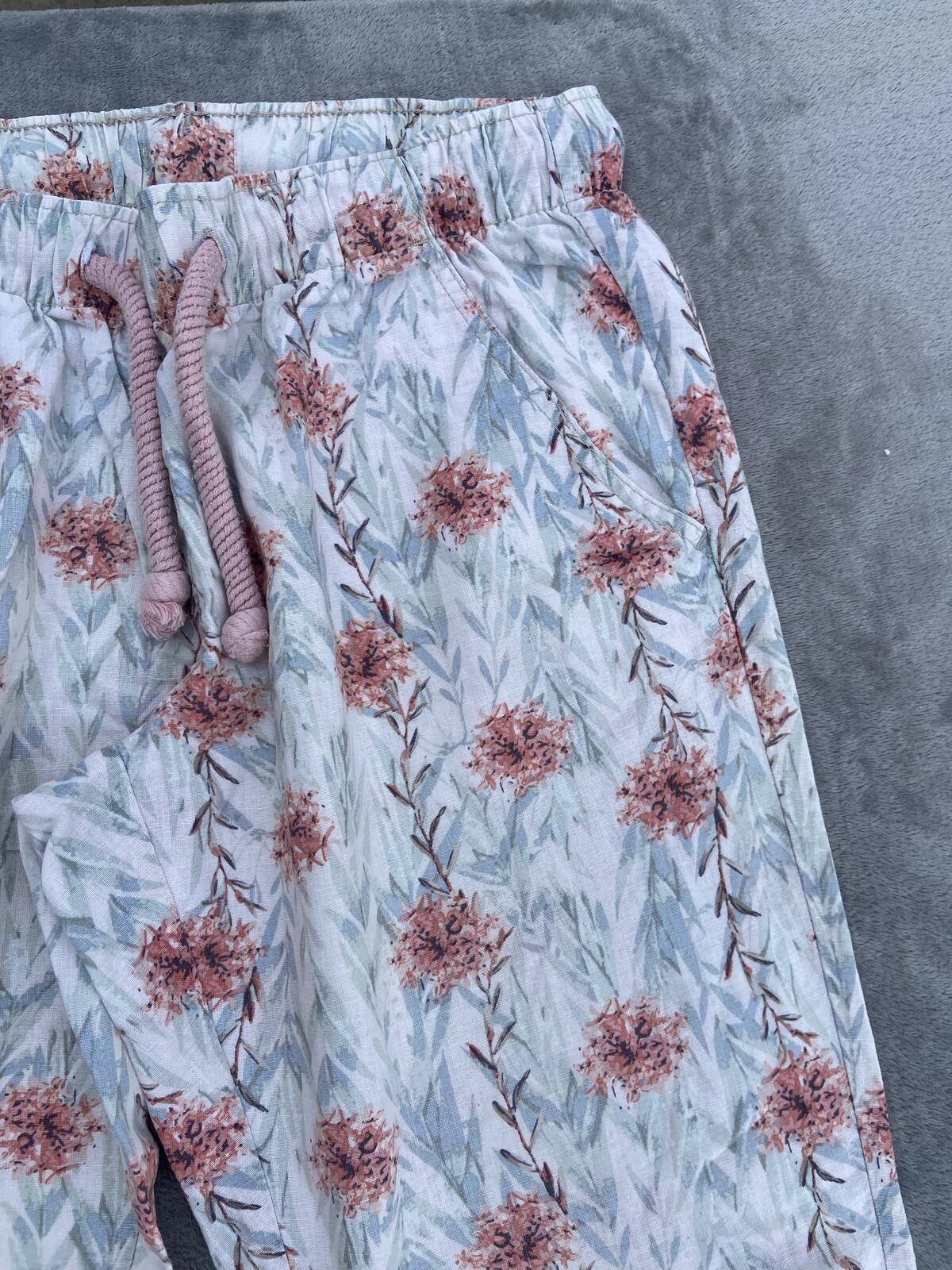 Esmara Cream & Pink Floral Linen Blend Drawstring Trousers - Size 12