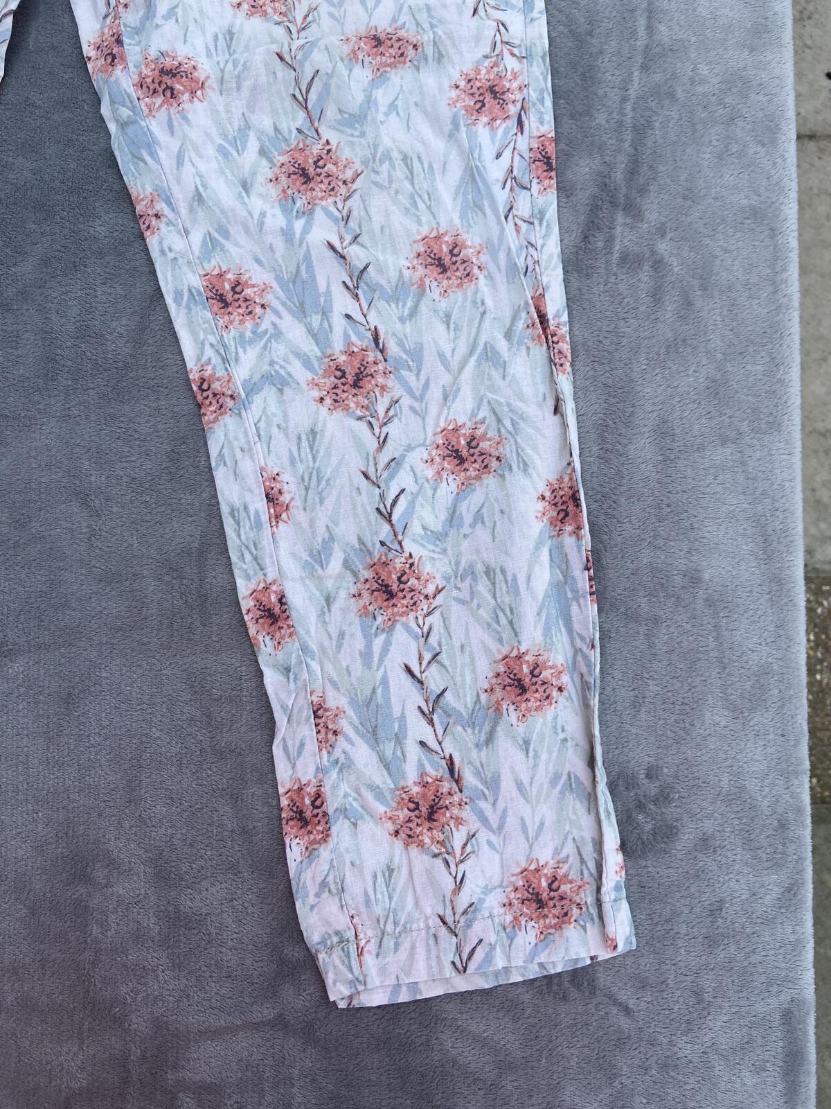 Esmara Cream & Pink Floral Linen Blend Drawstring Trousers - Size 12