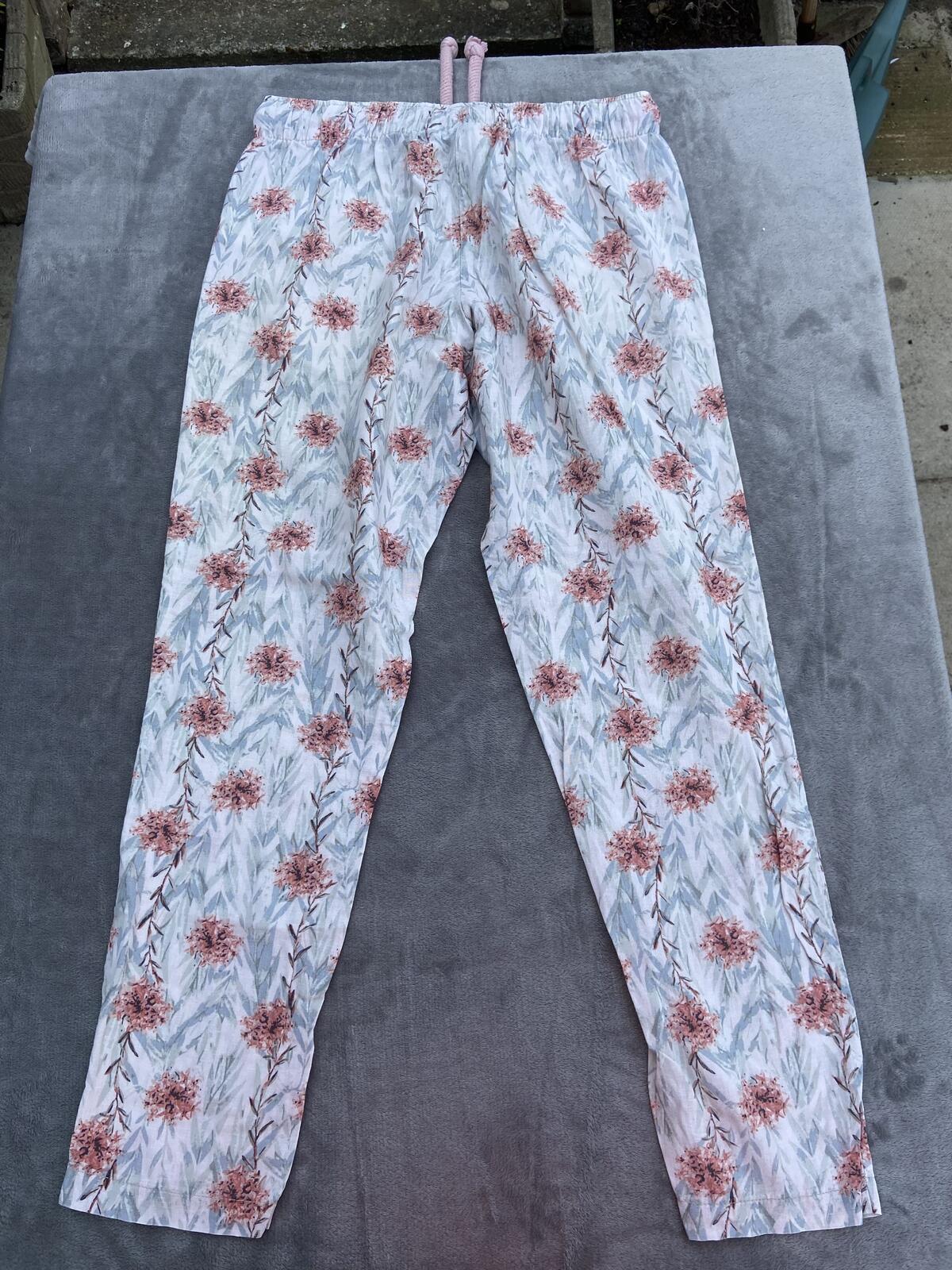 Esmara Cream & Pink Floral Linen Blend Drawstring Trousers - Size 12