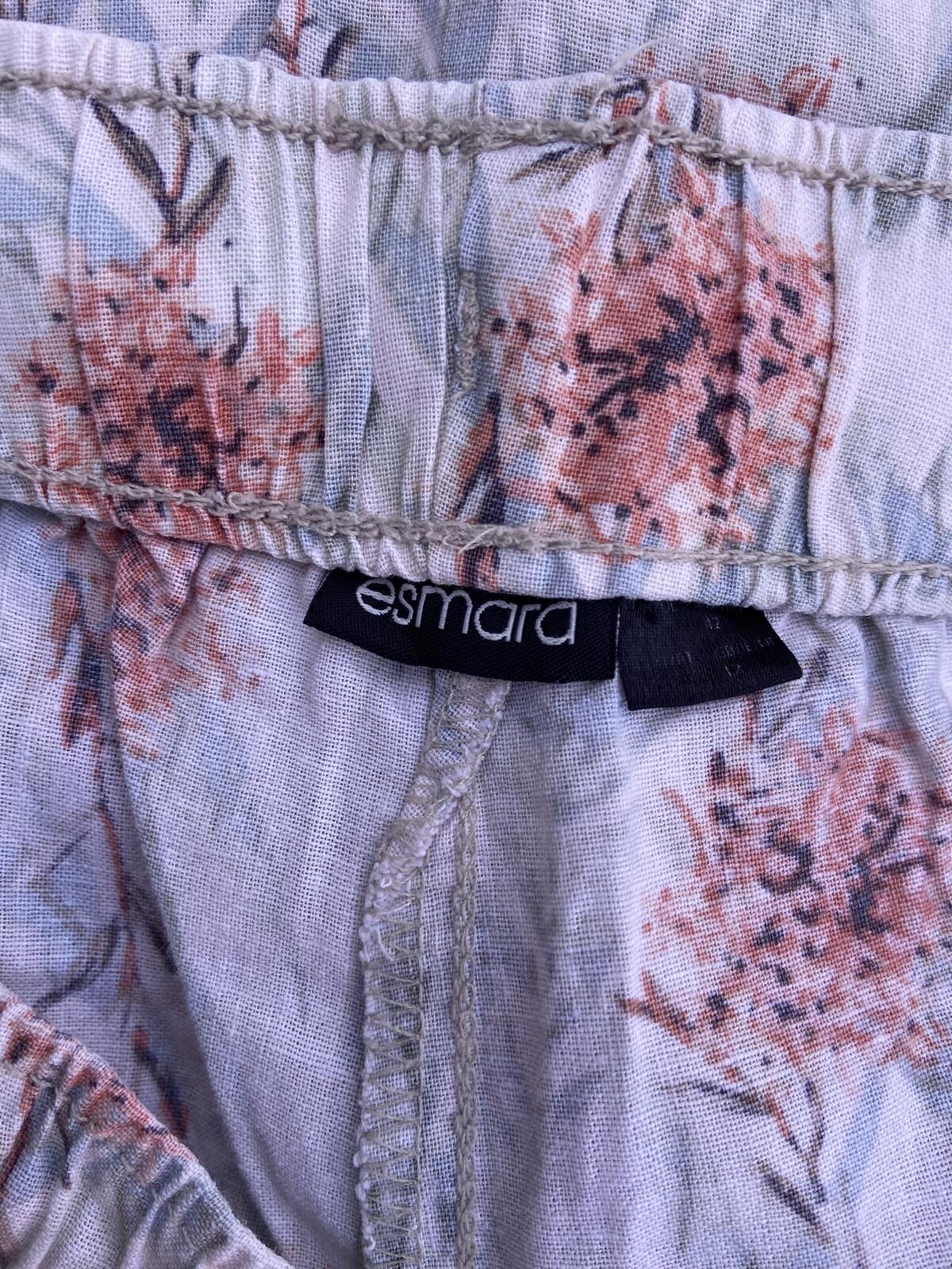 Esmara Cream & Pink Floral Linen Blend Drawstring Trousers - Size 12