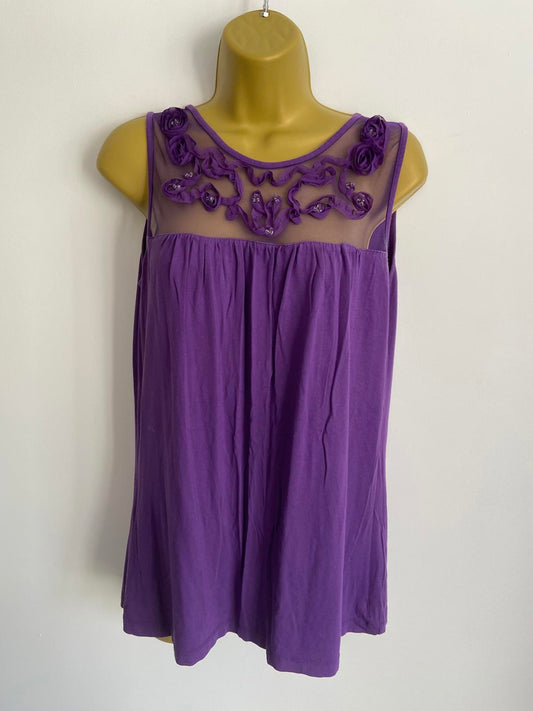 Soon Size 14 Purple Sleeveless Top Sheer Mesh Floral Embellished Neckline