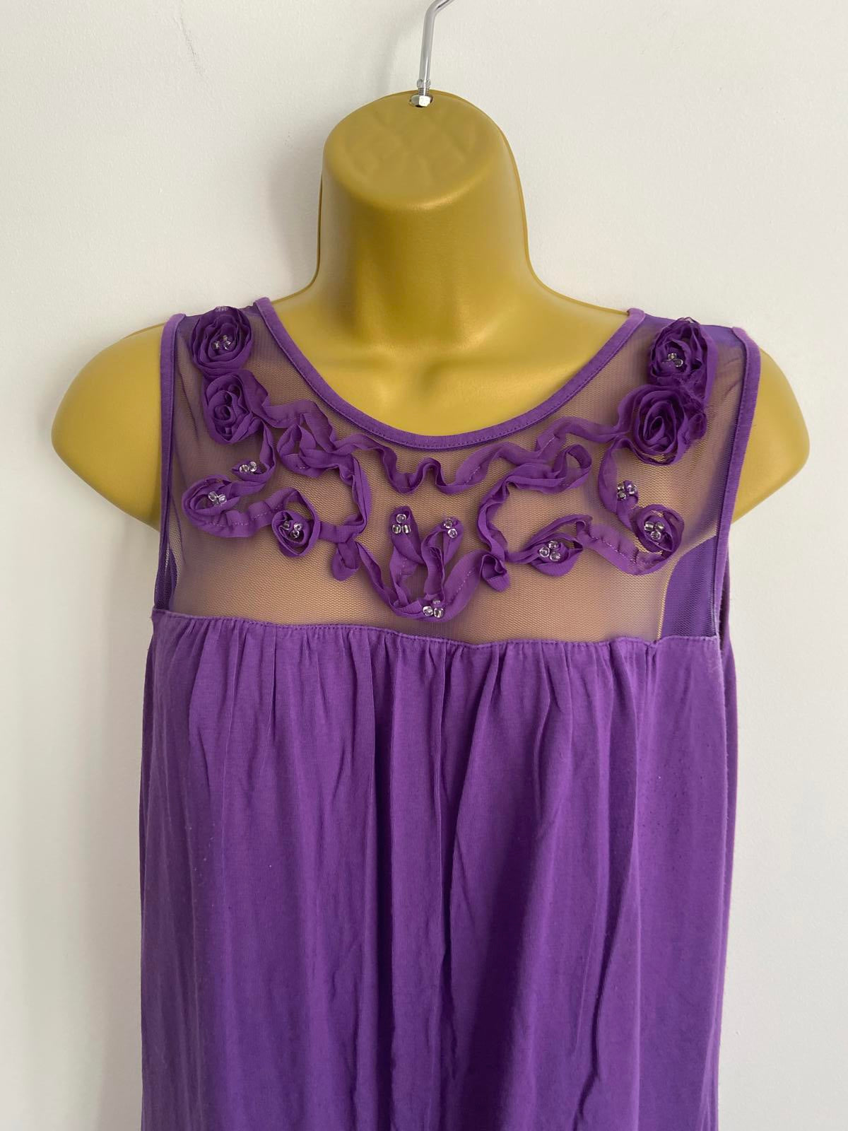 Soon Size 14 Purple Sleeveless Top Sheer Mesh Floral Embellished Neckline