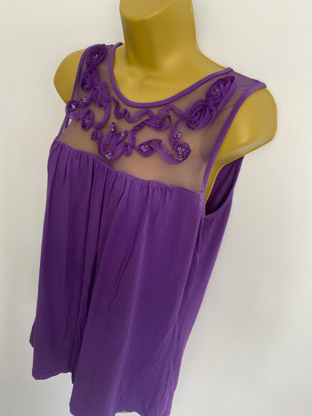 Soon Size 14 Purple Sleeveless Top Sheer Mesh Floral Embellished Neckline