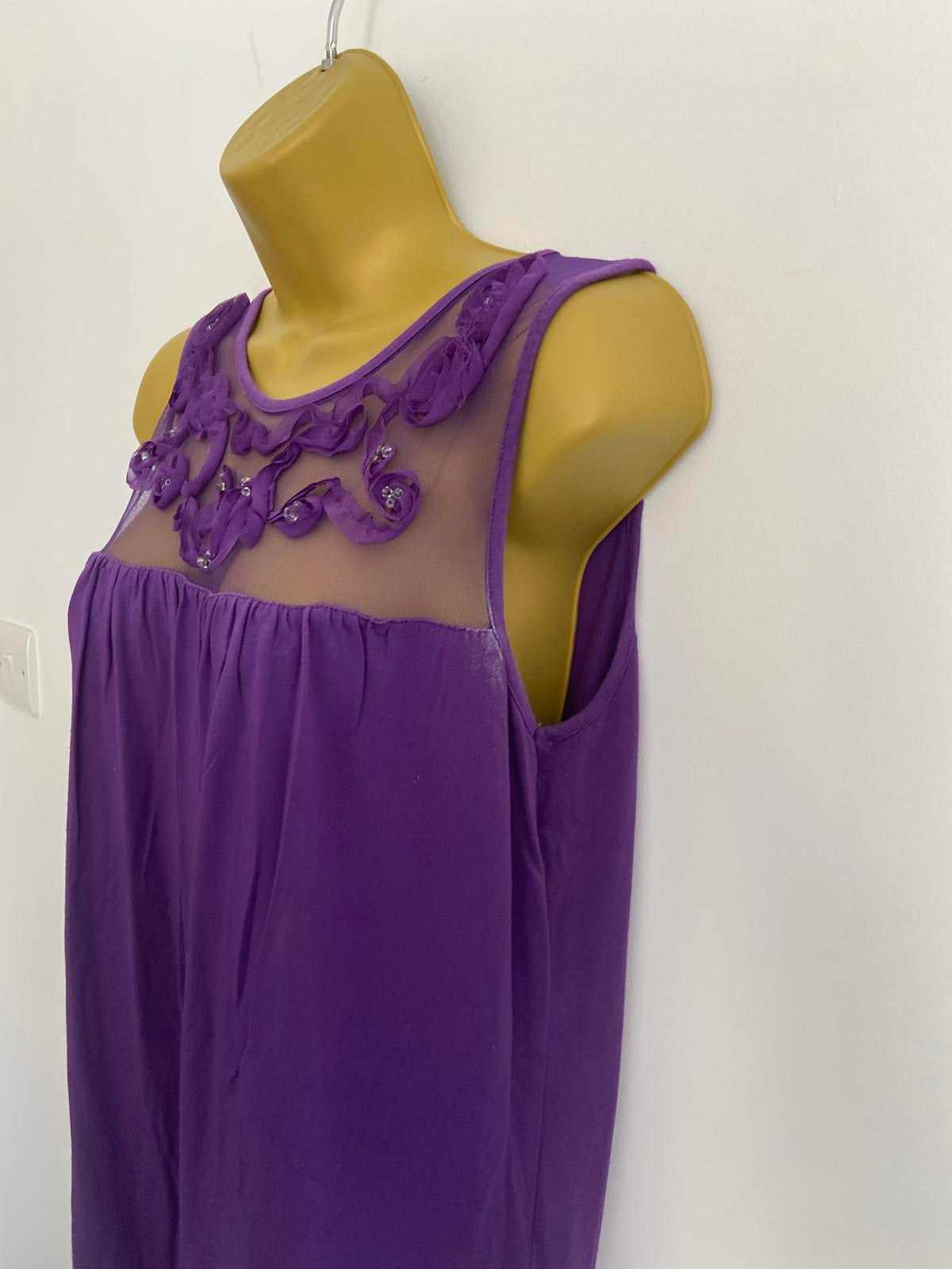 Soon Size 14 Purple Sleeveless Top Sheer Mesh Floral Embellished Neckline
